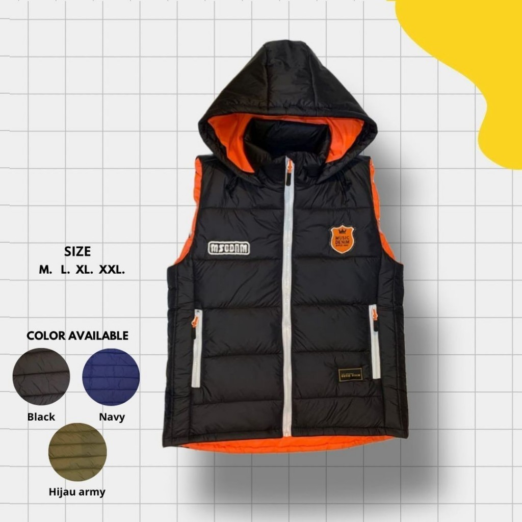 ROMPI PARASUT HOODIE BORDIR MUSIC DENIM / Vest pria pelindung dada Waterproof - Hitam