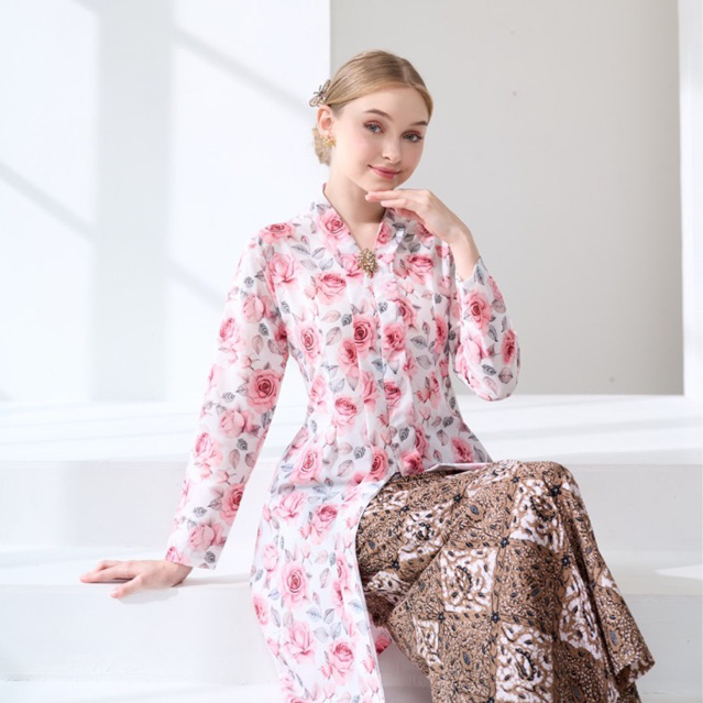 Kebaya Kartini Tunik Bunga / Kebaya Lebaran Motif Bunga Pink / Kebaya Kartini Bigsize