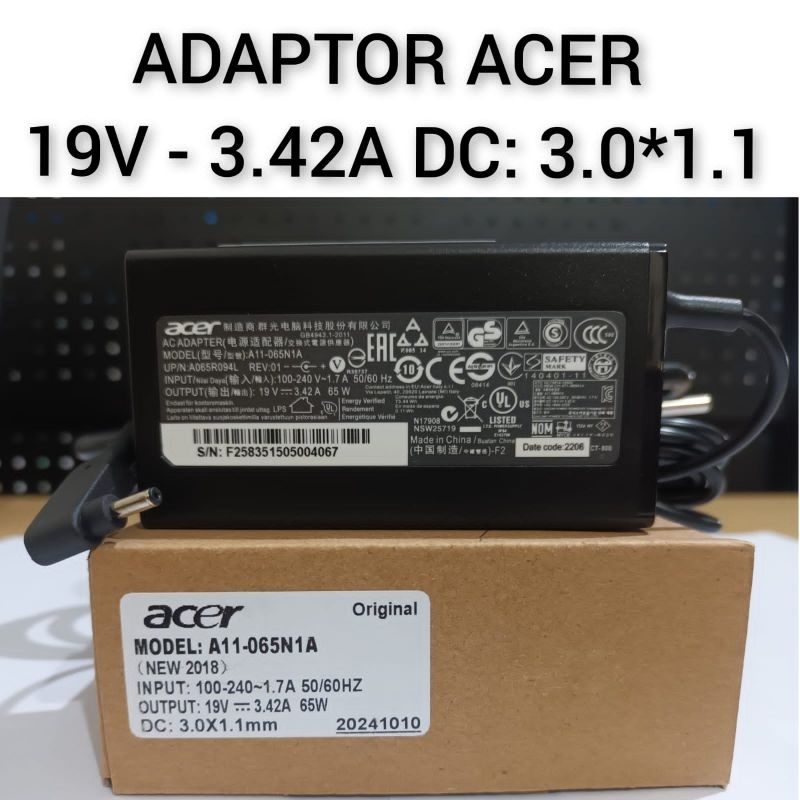 ADAPTOR ACER 19V - 3.42A DC 3.0*1.0 ORIGINAL Adaptor Acer Swift 3  Charger Adaptor Acer Swift 3 , Sw