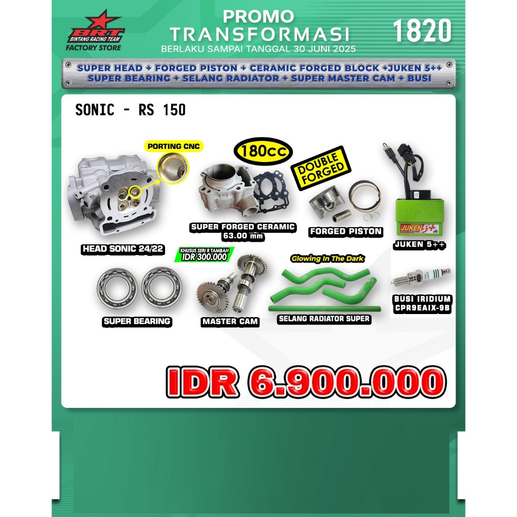 PROMO TRANSFORMASI 1820 SONIC RS 150 HEAD 24/21 BLOK PISTON 63.00 MM ECU JUKEN BEARING MASTERCAM SEL