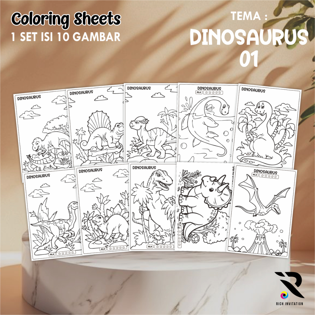 

[TEMA DINOSAURUS 01] KERTAS GAMBAR UNTUK ANAK - LEMBAR MEWARNAI ANAK 1 SET ISI 10 LEMBAR GAMBAR