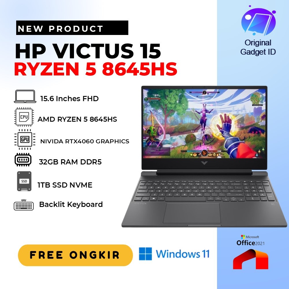 Laptop Gaming HP Victus 15 - RTX4060 8GB RYZEN 5 8645HS Ram 32GB ssd 1TB Layar 144Hz Baru Resmi