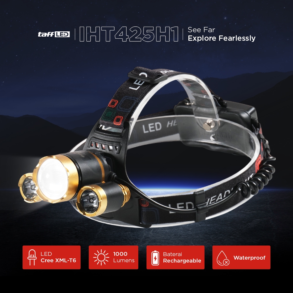 TaffLED Senter Lampu Kepala Headlamp Cree XML-T6 10000 Lumens - IHT425H1 - Golden- DealMedan