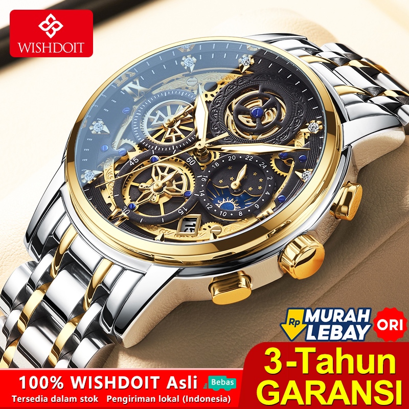 WISHDOIT Jam Tangan Pria Asli Anti Air Baja Tahan Karat Bisnis Bercahaya Kronograf Fashion Multifung