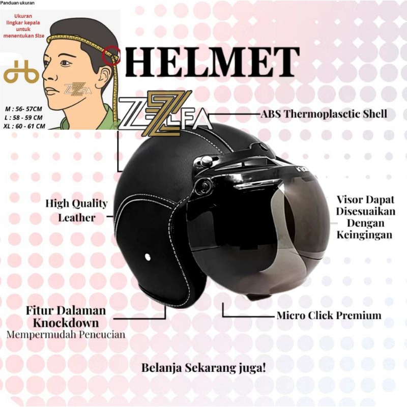 Helm BOGO retro kulit Pria Wanita aizo original