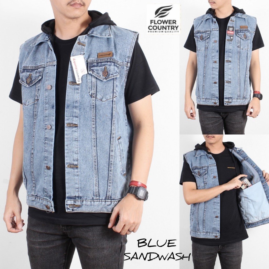Rompi Jeans Hoodie Hitam Pria BIG SIZE Sandwash - Flower Country Premium Quality