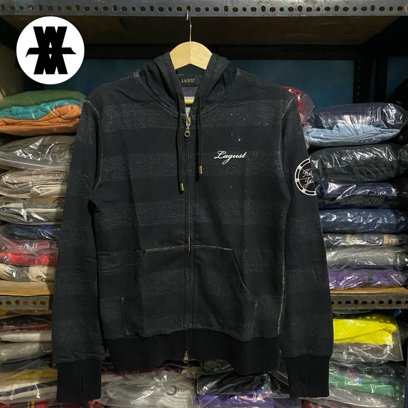 Y2K Lagust Japan Psychobilly Punk Rock Rhinestone Zip Up Hoodie Grey/Bl Size 64x49