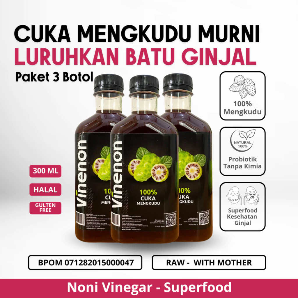 

VINENON Paket 3 Botol - Cuka Mengkudu Ampuh Hancurkan Batu Ginjal Kolesterol Asam Urat