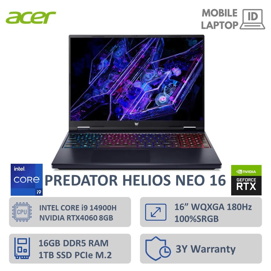 Acer Predator Helios NEO 16 Core i9 14900HX RTX4060 8GB Ram 16GB 1TB SSD Win 11+OHS 16" WQXGA 180Hz