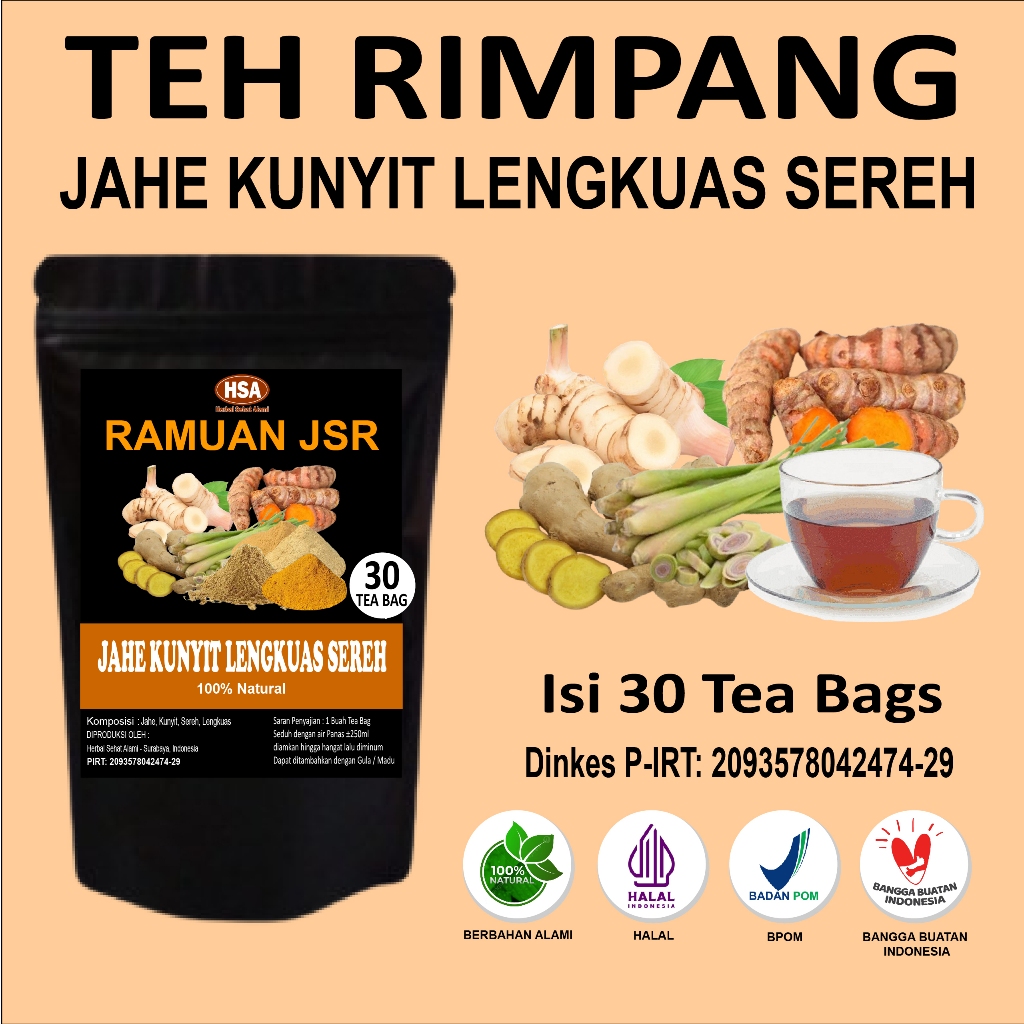 

TEH RIMPANG JAHE KUNYIT LENGKUAS SEREH - RAMUAN JSR - BY HSA - 30 KANTONG TEA BAG | Dr. ZAIDUL AKBAR | JSR | RAMUAN PROMIL | PROMIL | PELANGSING | DETOX | IMUN | JERAWAT | ASAM LAMBUNG