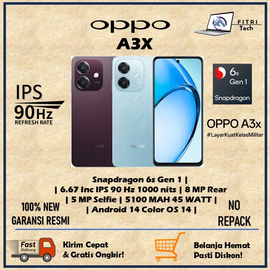 OPPO A3X | SNAPDRAGON 6S GEN 1 | RAM 4 GB | ROM 128 GB | 6.67 INC IPS 90 Hz | 8 MP CAMERA REAR |