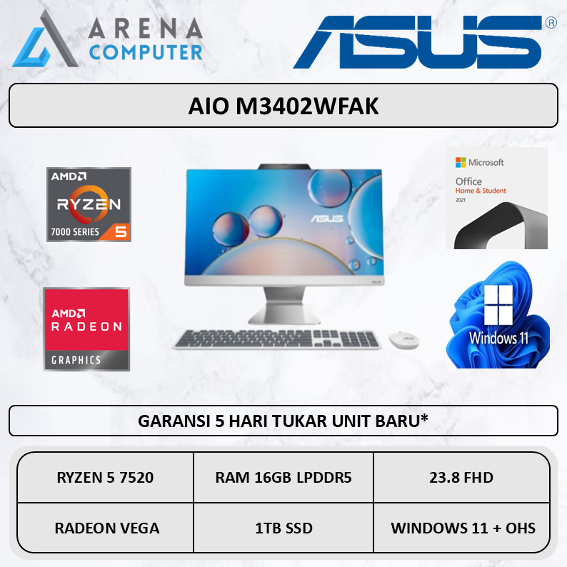 Asus AIO M3402WFAK Ryzen 5 7520 16GB 1TB W11 OHS 23.8 FHD