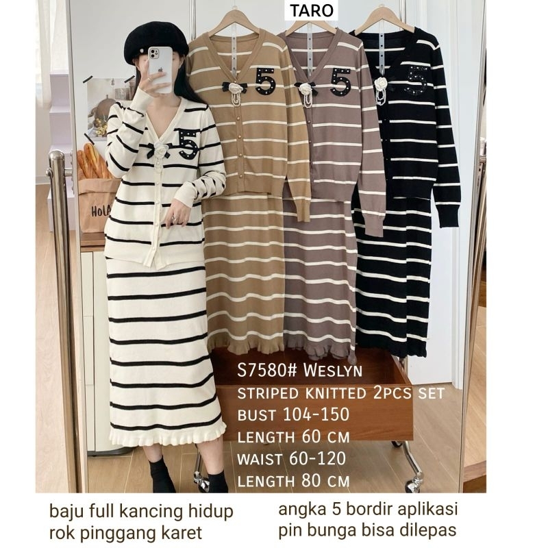 S7580 Setelan ONESET WESLYN STRIPED KNITTED 2PCS baju blouse set midi skirt rajut knit Korean style 