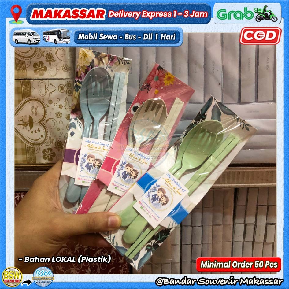 (min.order 50 pcs) Souvenir Sendok Garpu Sumpit LOKAL Set Travel Kemas ALAS Kartu Ucapan Makassar