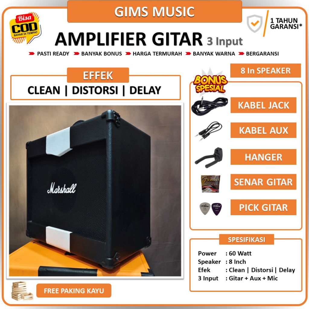 Ampli Gitar 8 Inch Bisa Untuk Karaoke 3 Input Plus Input Mic Ada Efek Distorsi Delay Bonus Kabel Jac