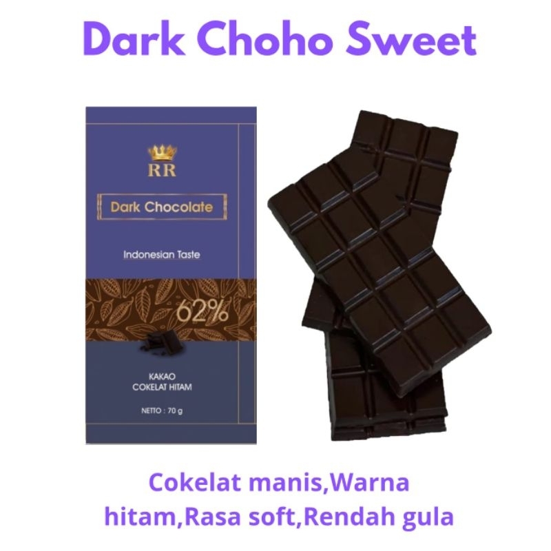 

Cokelat Bar Dark 62% Netto 70gram. Rendah Lemak, Rendah Gula, Vegan, Diet.