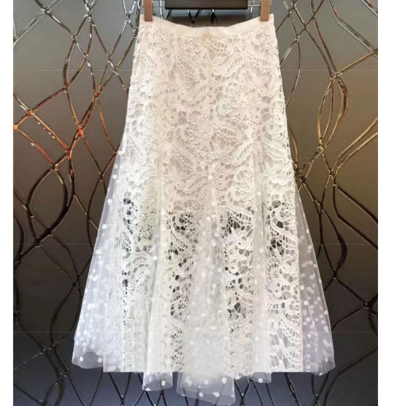 9980 Rok panjang midi skirt GESSICA LACE PATCHWORK SKIRT Brokat hitam putih Korean style wanita prem