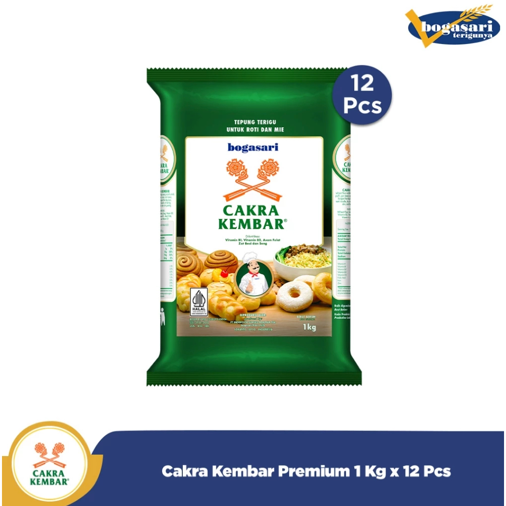 

Tepung Terigu Bogasari Cakra Kembar Premium 1 kg x 12 pc