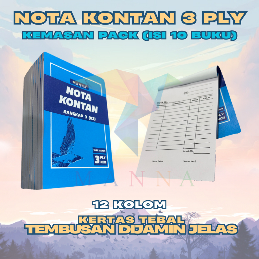 

(1 PACK/10 BUKU) Nota Kontan 3 ply NCR Putih Merah Kuning ukuran Kecil (108mm x 155mm) merk MANNA 20 SHEET PREMIUM QUALITY