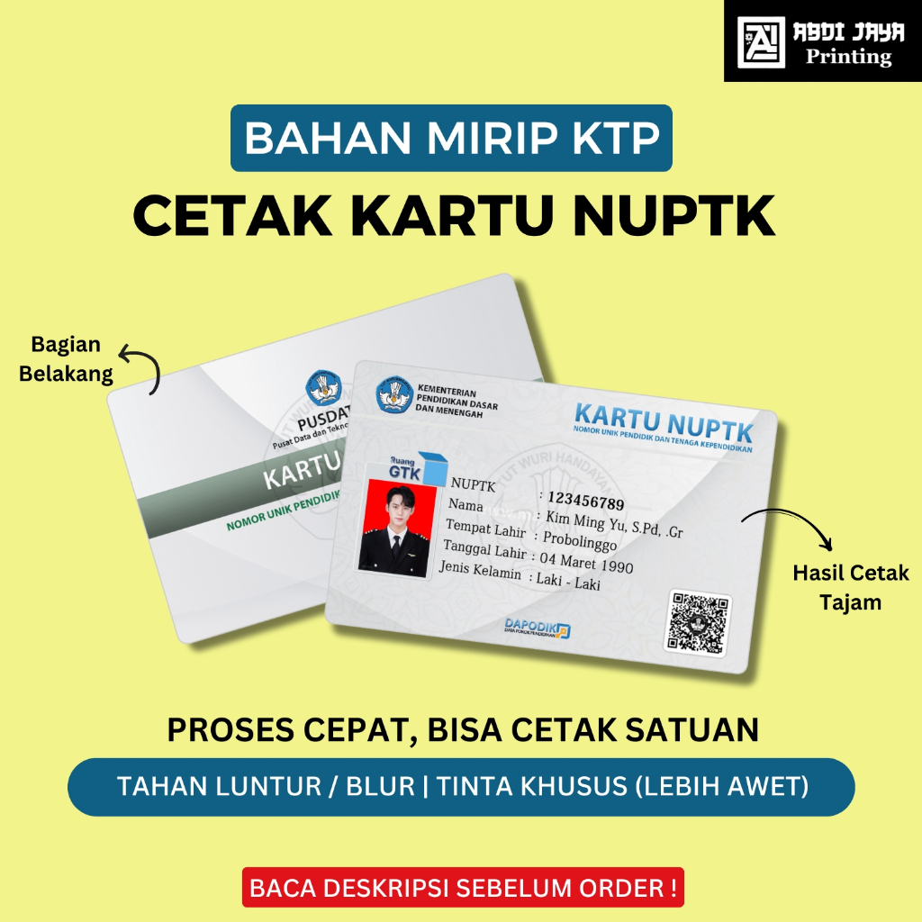 

Cetakk Kartu NUPTK GURU Cepat Bisa Satuan 1 Hari Jadi (Tanpa Minim Order)