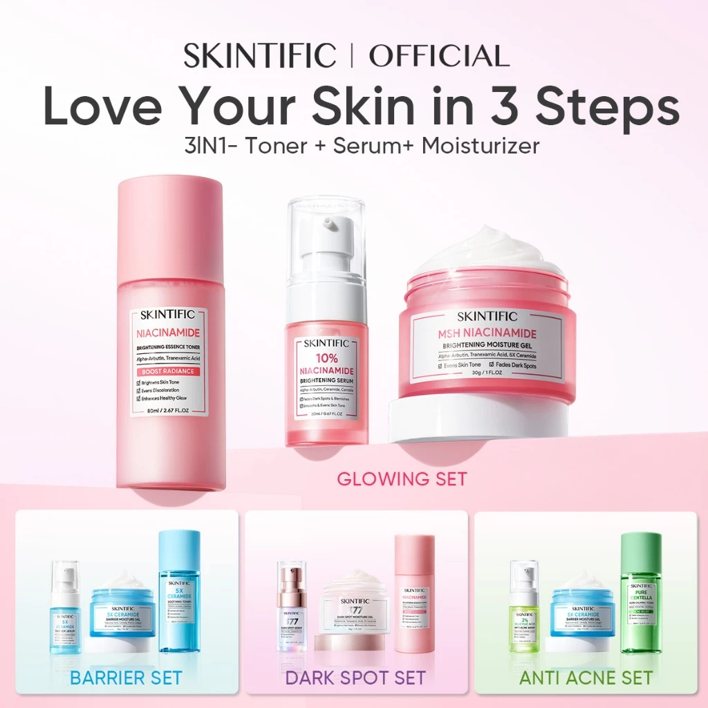 SKINTIFIC-3pcs Paket-Skincare Set | Serum Moisturizer Gel Toner Sunscreen Cleansing Mouss Facial Was