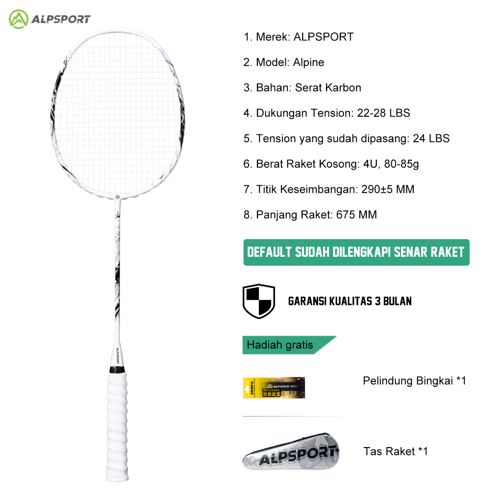 ALPSPORT New SS 100% Full Carbon Fiber Pro Raket Badminton Original Desain Strung White Raket Buluta