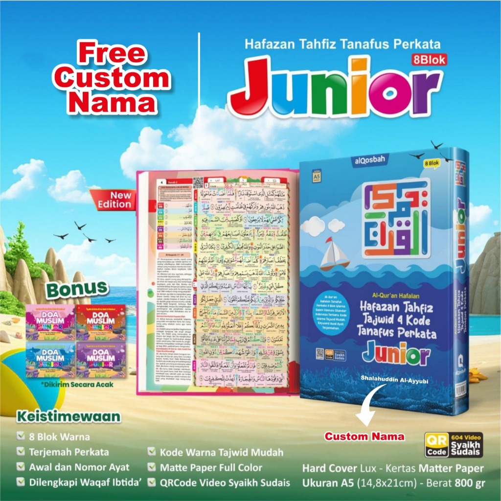 Alquran Junior Hafazan Perkata 8 Blok A5 Terjemah Perkata Tajwid Warna Free Custom Nama & Doa Muslim