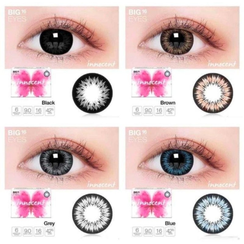 SOFTLENS INNOCENT NORMAL FREE LENSCASE DIA 16MM BY EXOTICON BLACK BROWN BLUE GREY BIG EYES SOFTLENS 