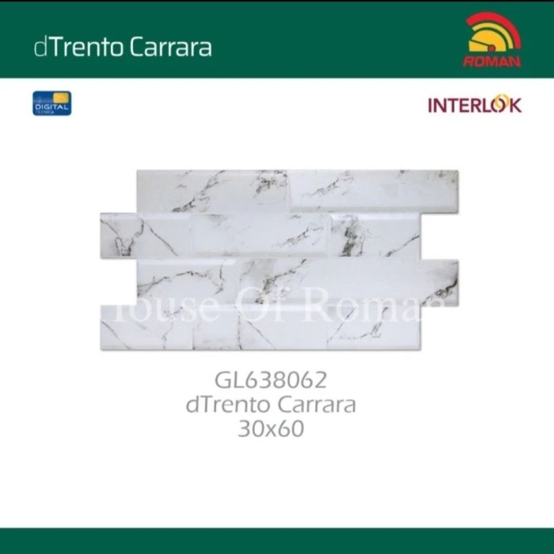 Roman Keramik 30x60 dTrento Carrara (Interlock Series) / Keramik Dinding Putih Carrara / Keramik Mot