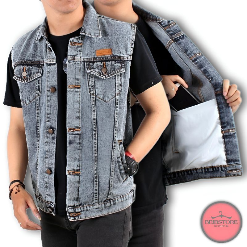 Vest Denim Sandwash Jaket Rompi Jeans Motor Pria Casual Rompi Vintage