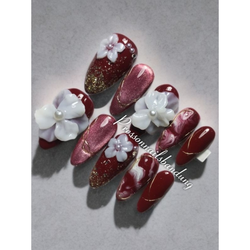 Wedding Press on nails 3D flowers maroon / marun 3d flower fake nail
