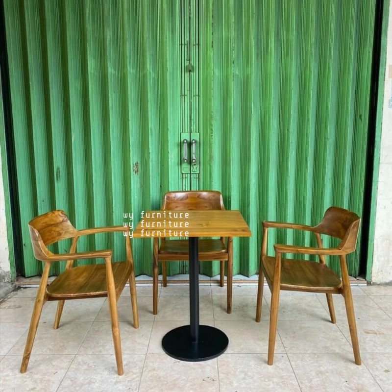 Set meja makan Cafe kayu jati rangka besi, meja makan cafe kayu jati, meja cafe kayu jati, meja cafe