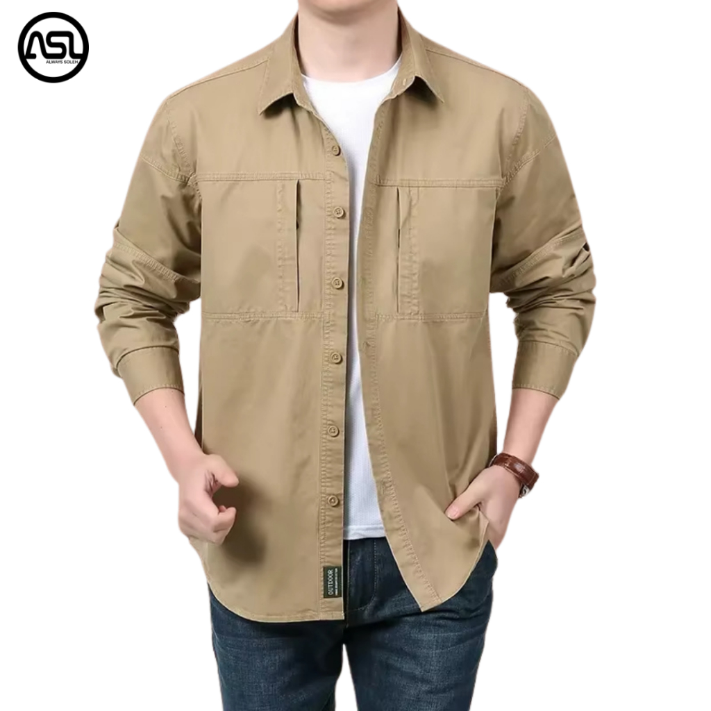 Kemeja Pria Cream Lengan Panjang / Kemeja Tactical Silver Lengan Panjang / Kemeja Tactical Pria / Ke