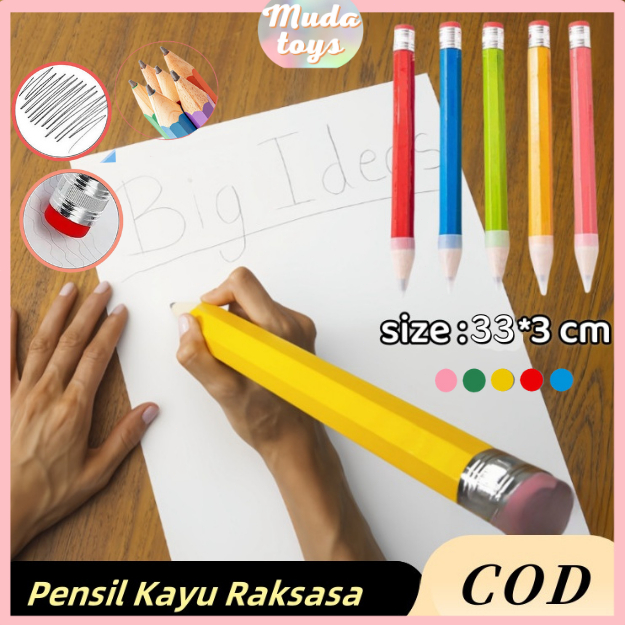

Muds Toys Pensil Jumbo Besar/Alat Tulis Pensil Kayu Raksasa dengan Penghapus Perlengkapan 33 CM