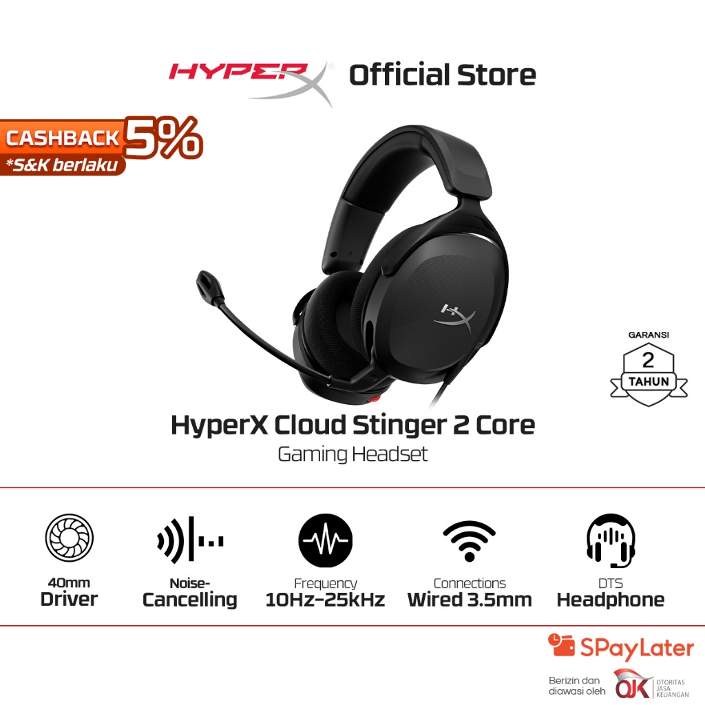 HyperX Headset Gaming Cloud Stinger 2 Core - Black Wired Noise Cancelling Spatial Audio Fabric Stere