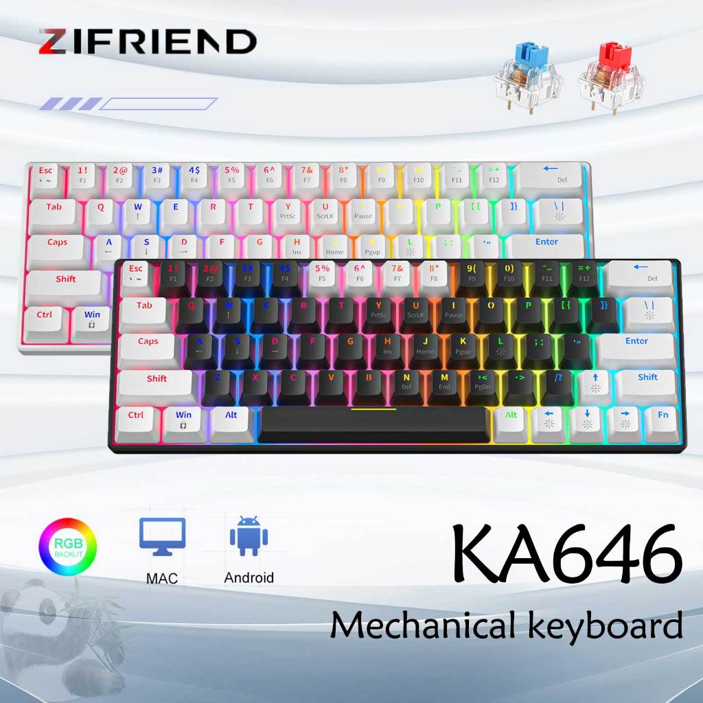 ZIFRIEND KA646 Gaming Mechanical Keyboard RGB Keyboard HotSwappable Wired 60% layout red/blue switch