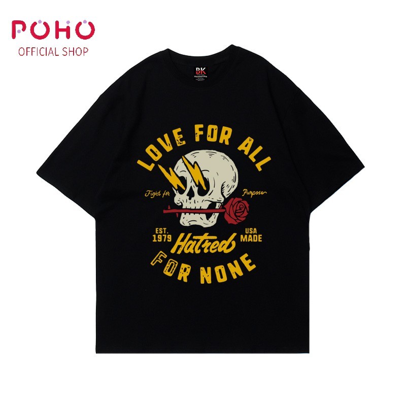POHO Tengkorak Petir Kuning Menggigit Mawar Letter Print Kaos Untuk unisex DISTRO Individualitas Kas