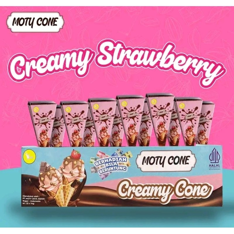

wafer cone snack cone moty creamy 2 pack isi 24 pcs rasa coklat dan strawberry paket hemat