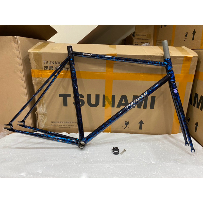 Frameset Sepeda Fixie TSUNAMI SNM4130 Warna Hitam-Biru Bahan Chromoly