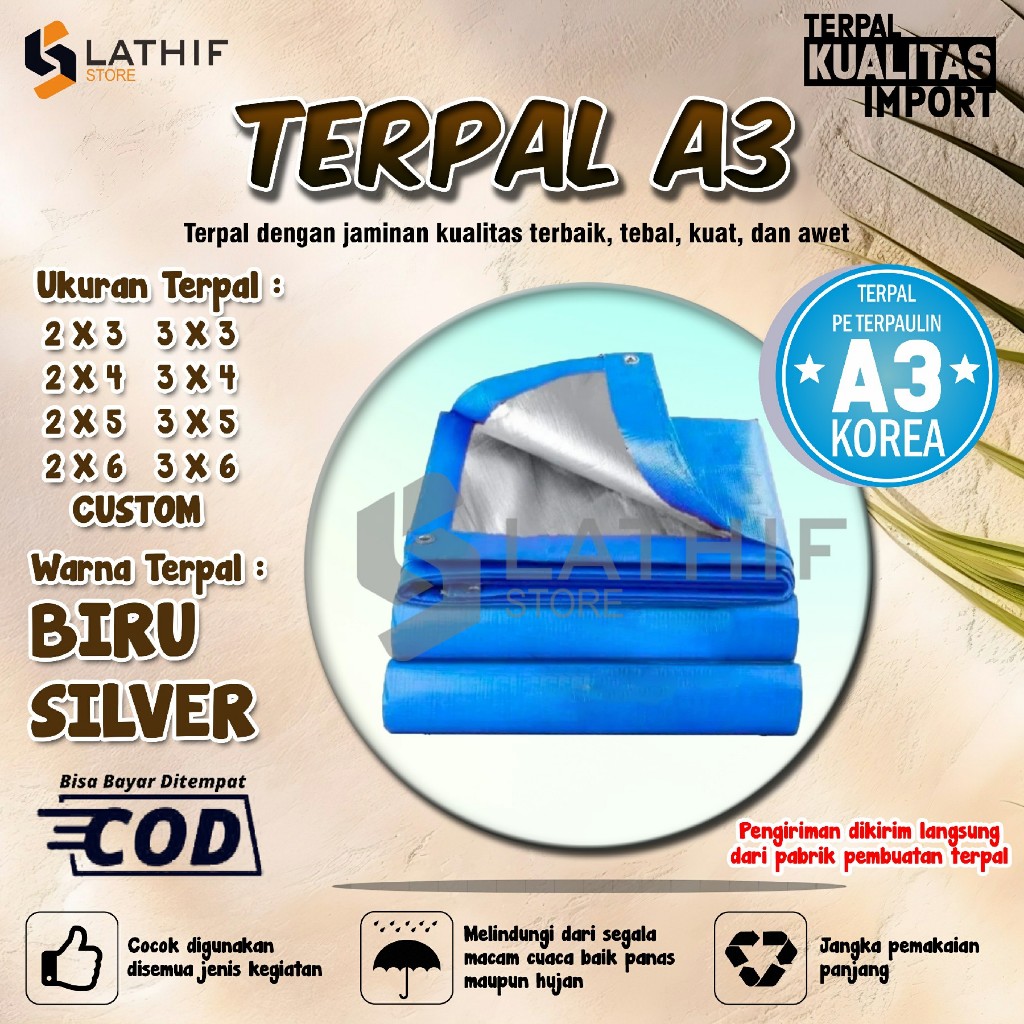 TERPAL A3 / TERPAL PLASTIK A3 KOREA ANTI UV SUPER TEBAL BERKUALITAS IMPORT UKURAN LENGKAP 2 DAN 3 ME