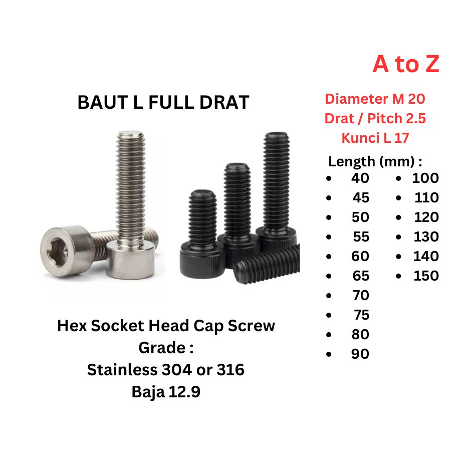 Baut L M20 x 70 Full Drat P 2.5 - Stainless / SS / SUS 304 / 316 / Baja 12.9 Hitam - Kunci L 17 - M 