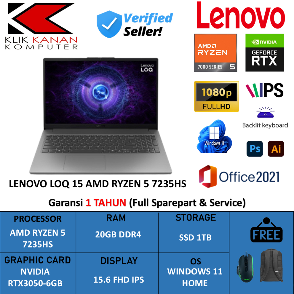 Laptop Lenovo Loq 15 5 7235HS 20GB DDR5 1TB RTX3050-6GB 15.6 Full Hd Ips Win 11 Home