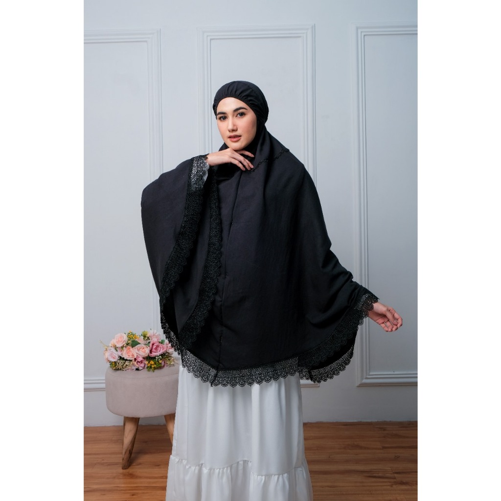 Bergo Umroh dan Haji Dewasa Wanita Bahan Katun Premium Khimar Cantik hitam putih panjang renda Zippe