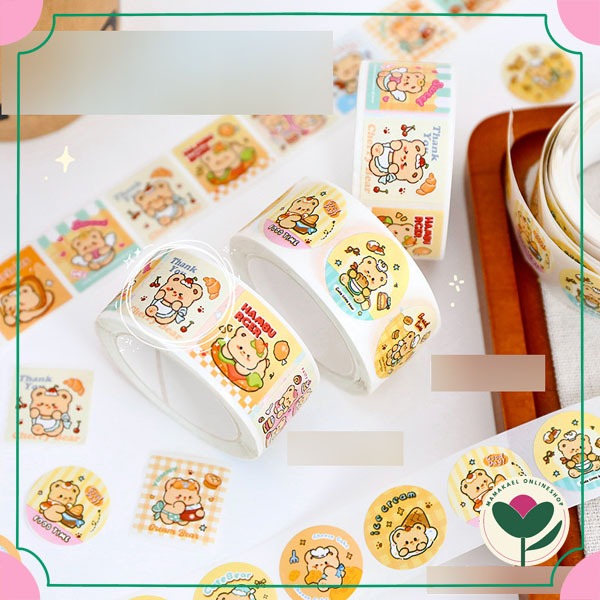 

1 roll isi 300 pcs sticker roll cream bear deco stiker beruang lucu cute stiker segel bulat MK1947