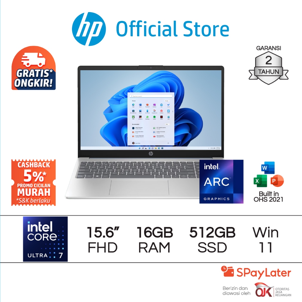Laptop HP Intel Core Ultra 7 Arc 16GB RAM 512GB SSD Blue / Silver Windows 11 Home 15.6 Inch Garansi 