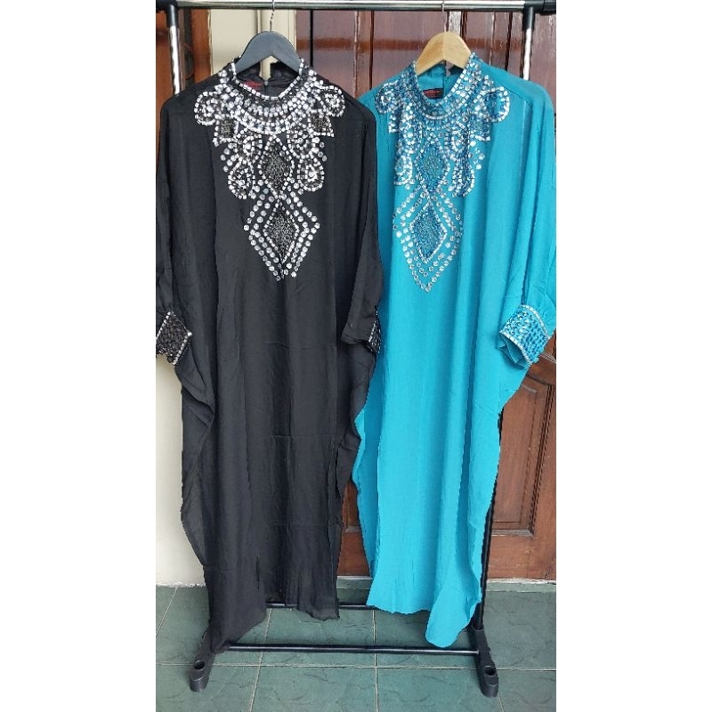 kaftan tunik rhinestone mewah hitam dan biru