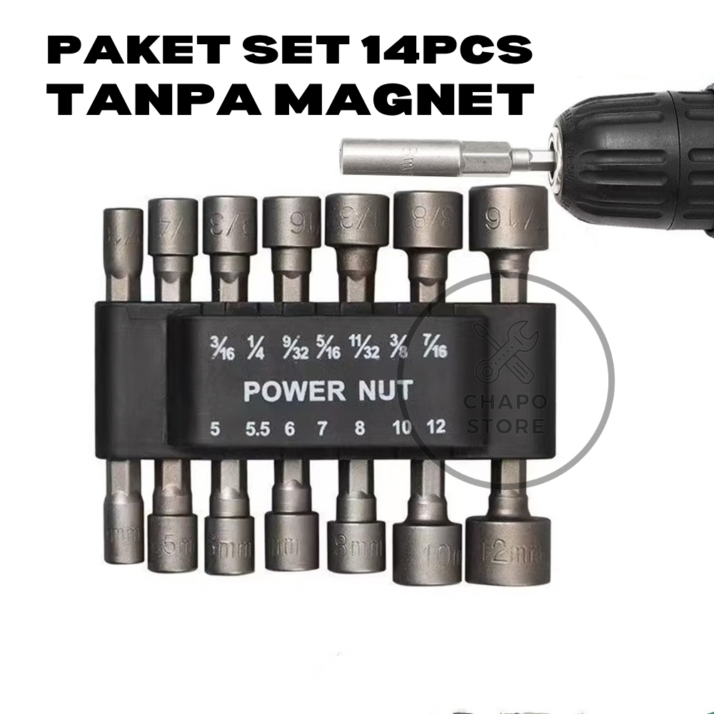mata bor sock shock sok drilling 14pcs Hex Power Nut 5-12mm 3/16inch - 7/16 inch Kunci Socket Set Le