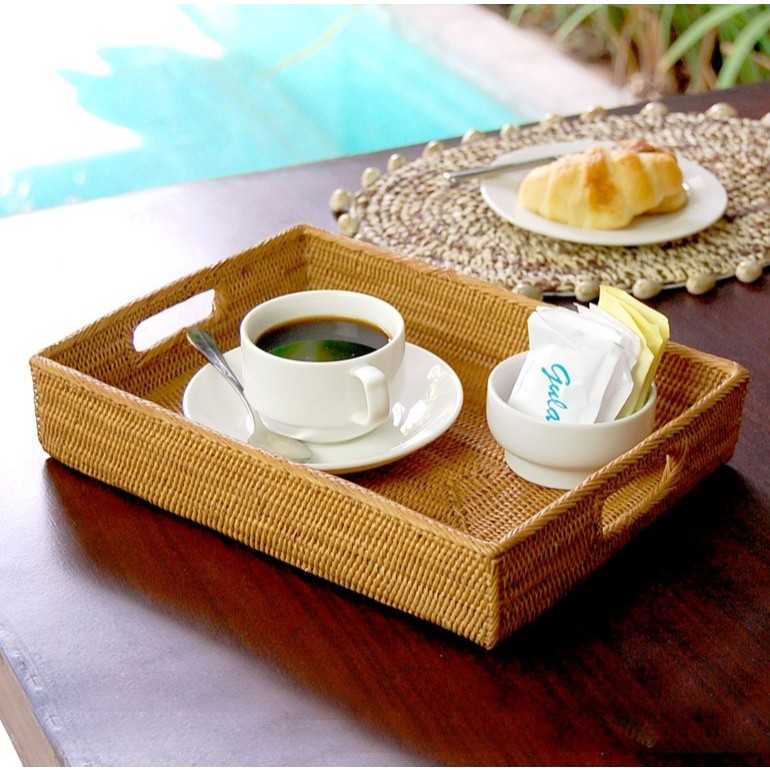 Kampul-kampul Baki Rotan Nampan Persegi pegangan untuk wadah kopi cemilan kado hadiah restoran tray 
