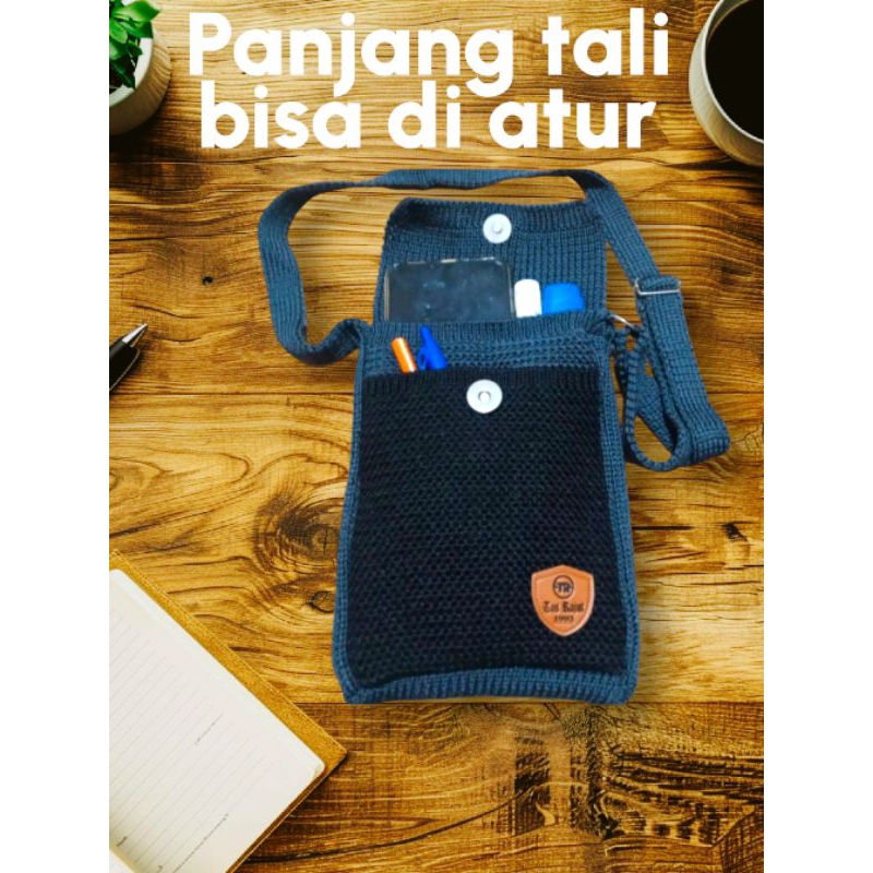 TAS RAJUT HP SELEMPANG BAHU SLING BAG 2 RUANG PRIA DAN WANITA, TAS HP 16X21 CM