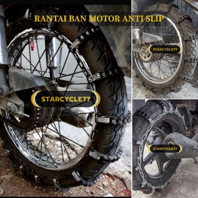 Rantai ban motor anti selip kait 3 full hitam, list hitam dan list putih / ban anti slip / ban motor